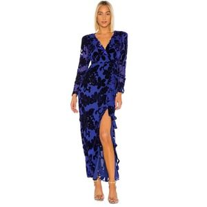 House of Harlow Revolve Womens Dress Ivan Blue Velour Burnout Ruffle Slit Sz XXS